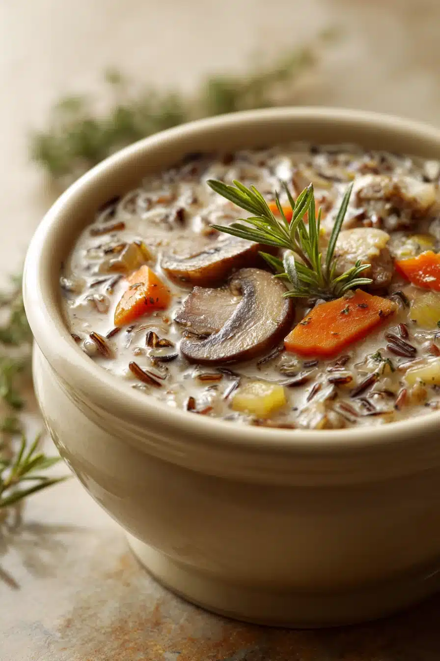 Close-up of a creamy mushroom and wild rice soup with herbs in a bowl