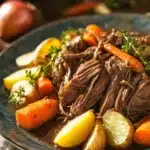 Close-up of a slow cooker pot roast dinner with vegetables and gravy.