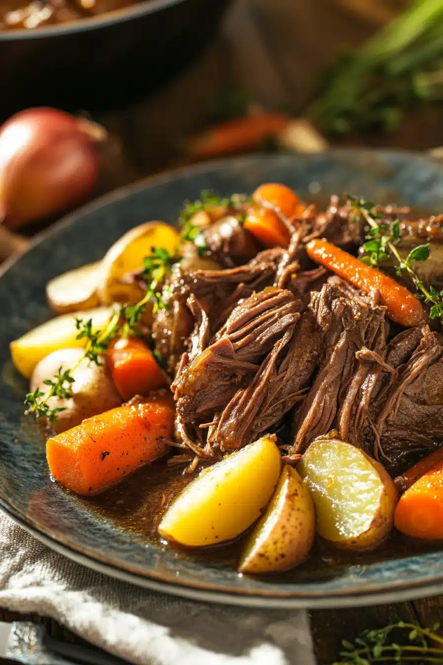 Close-up of a slow cooker pot roast dinner with vegetables and gravy.