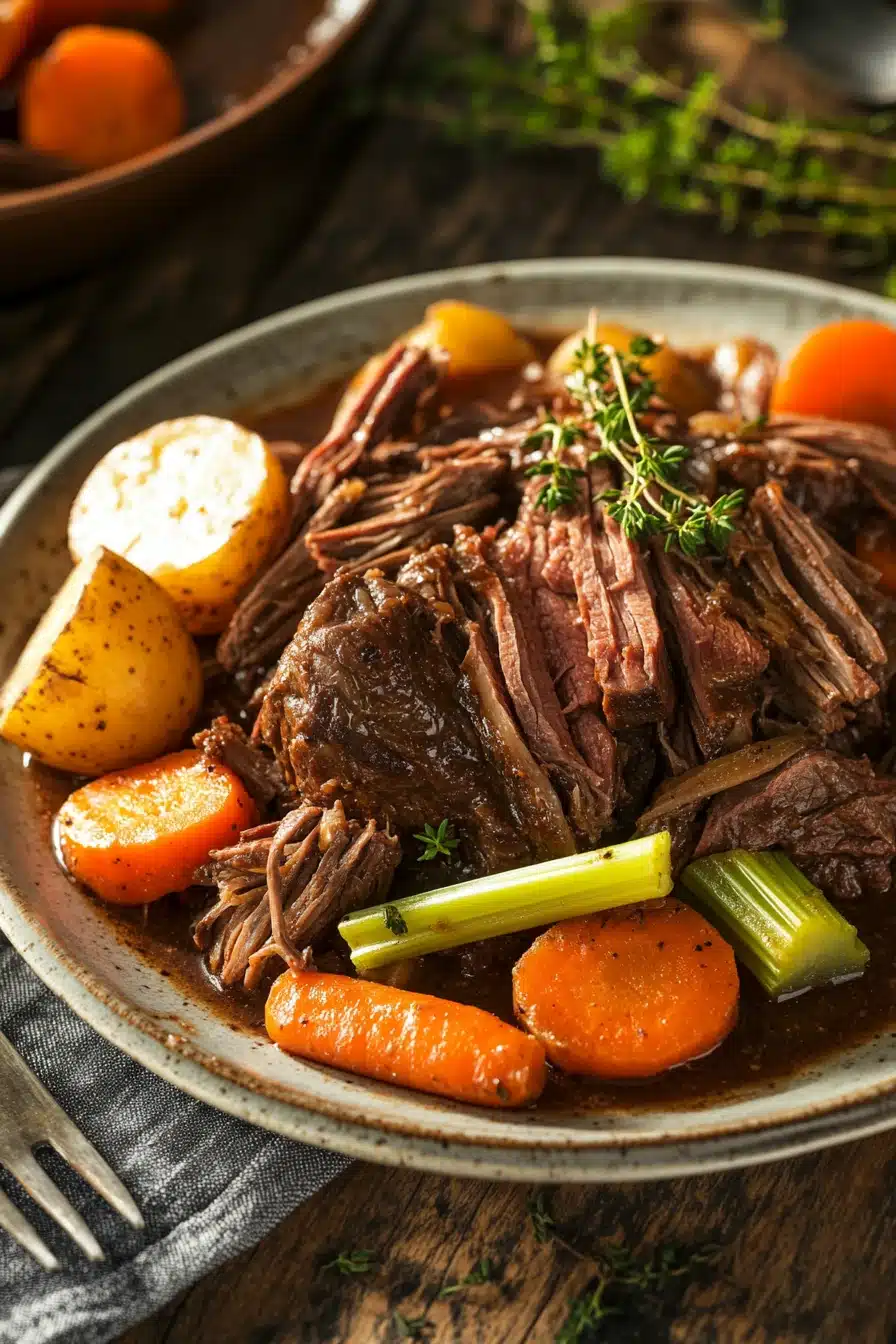 Close-up of a slow cooker pot roast dinner with vegetables and herbs.