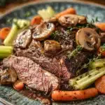 Close-up of slow cooker pot roast with mushrooms, showcasing tender meat and rich textures.