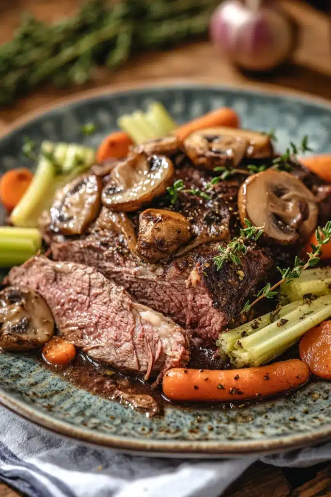 Close-up of slow cooker pot roast with mushrooms, showcasing tender meat and rich textures.