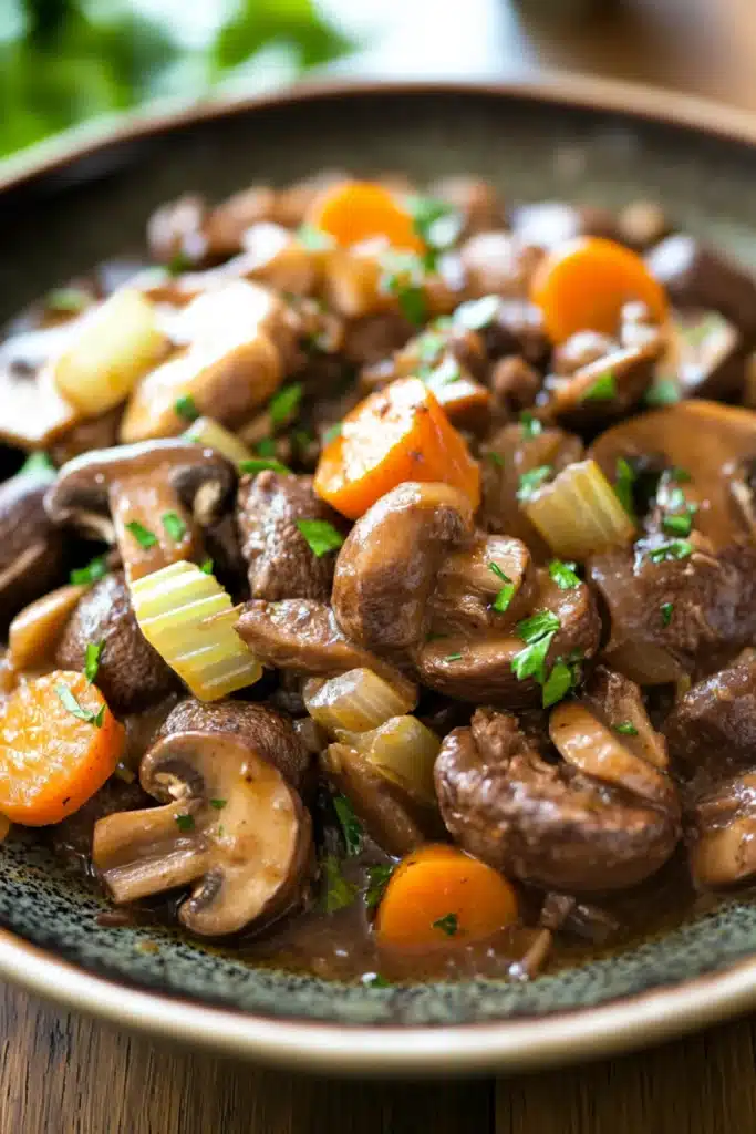 Close-up of a slow cooker pot roast with mushrooms in a bright, natural setting.