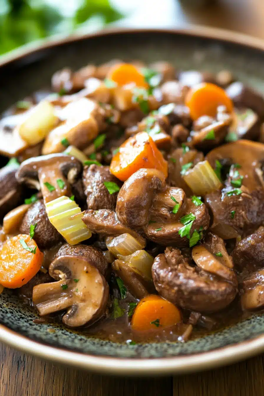 Close-up of a slow cooker pot roast with mushrooms in a bright, natural setting.