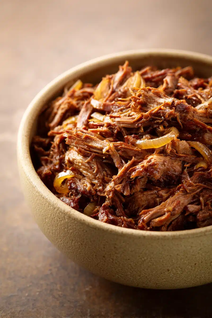 Close-up of slow cooker shredded beef with rich textures and warm lighting