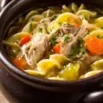 Close-up of slow cooker soup with chicken thighs, carrots, and herbs in a white bowl.