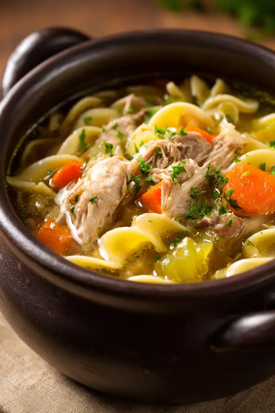 Close-up of slow cooker soup with chicken thighs, carrots, and herbs in a white bowl.