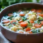 Close-up of a slow cooker soup with pasta, garnished with herbs in a bright setting.