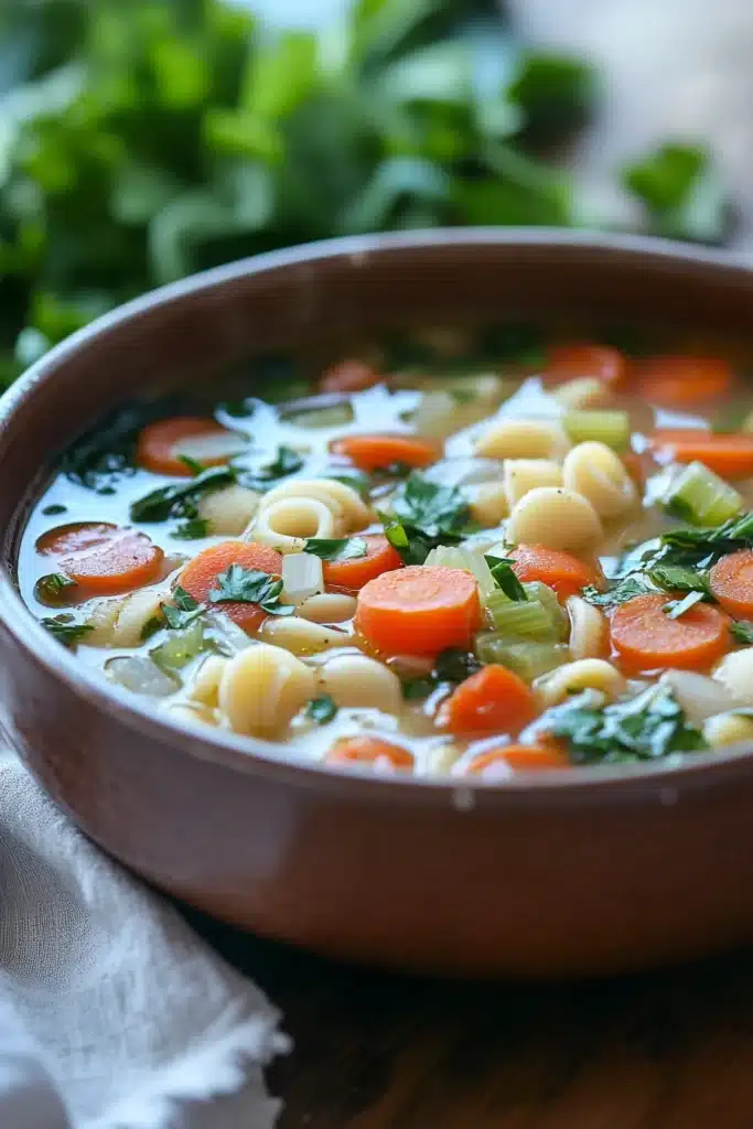 Close-up of a slow cooker soup with pasta, garnished with herbs in a bright setting.