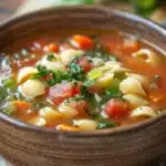 Close-up of a hearty slow cooker soup with pasta, featuring a rich broth and visible herbs.
