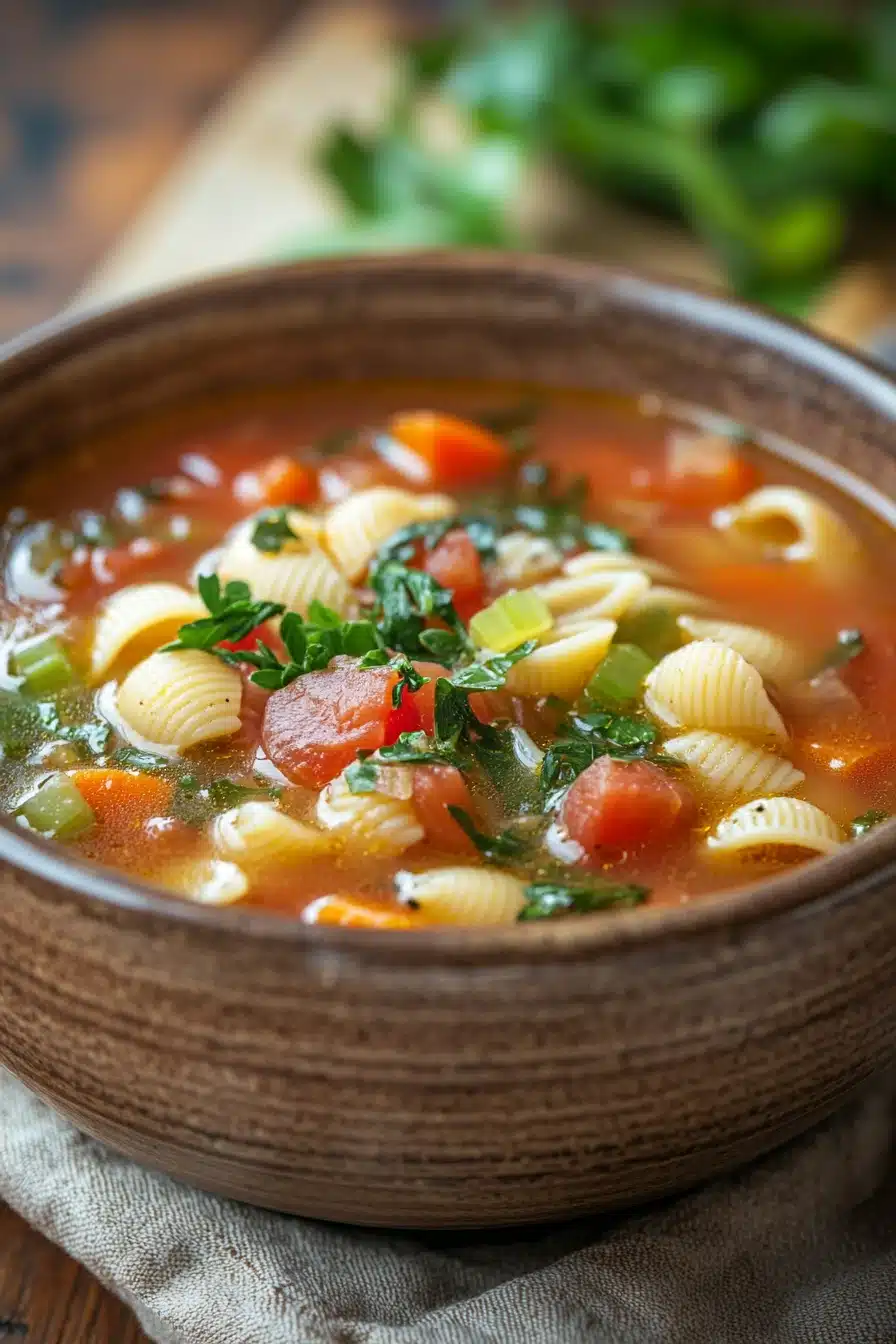 Close-up of a hearty slow cooker soup with pasta, featuring a rich broth and visible herbs.