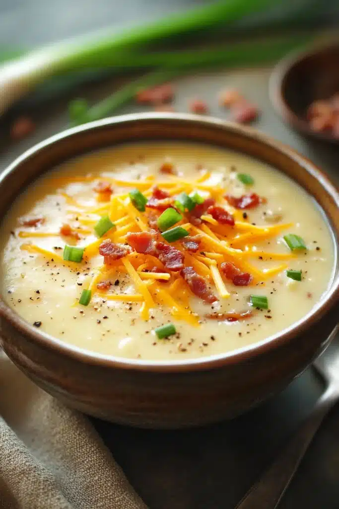 Close-up of slow cooker soup with potatoes and vegetables in a bowl.