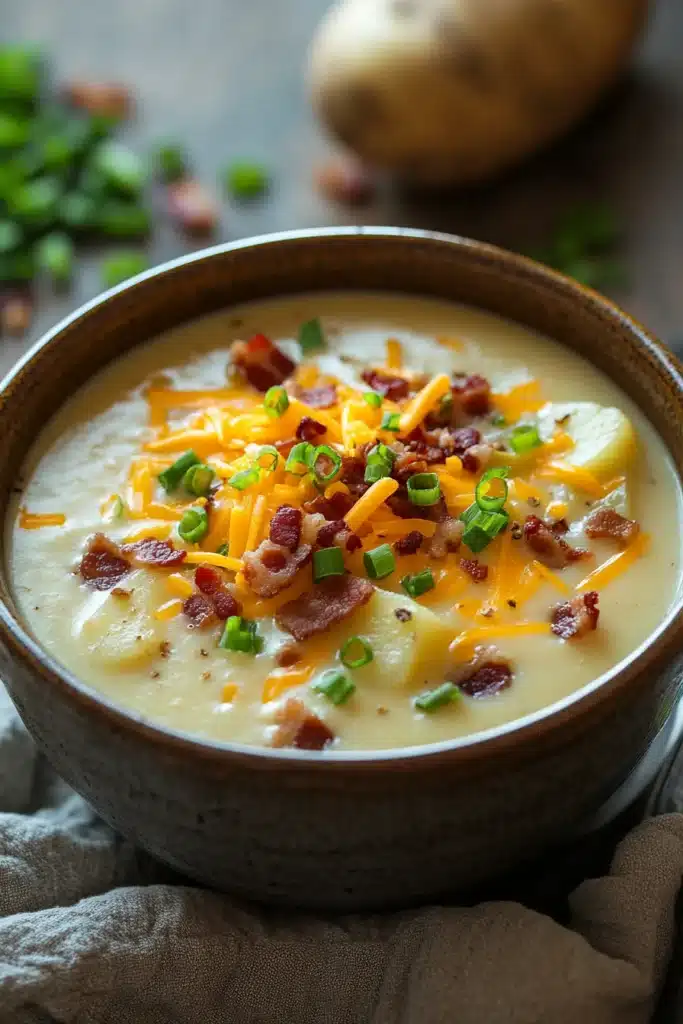 Close-up of a creamy slow cooker soup with visible chunks of potatoes in a bright, natural setting.