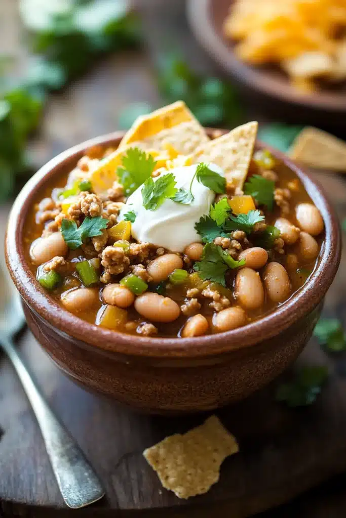 Close-up of slow cooker turkey white bean chili with visible beans and herbs