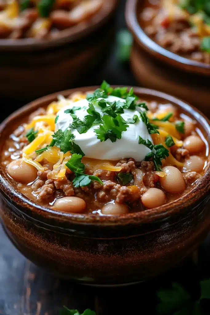 Close-up of slow cooker turkey white bean chili with visible beans and turkey chunks