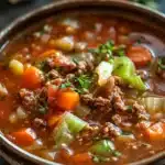 Close-up of slow cooker unstuffed cabbage soup with visible vegetables and broth.