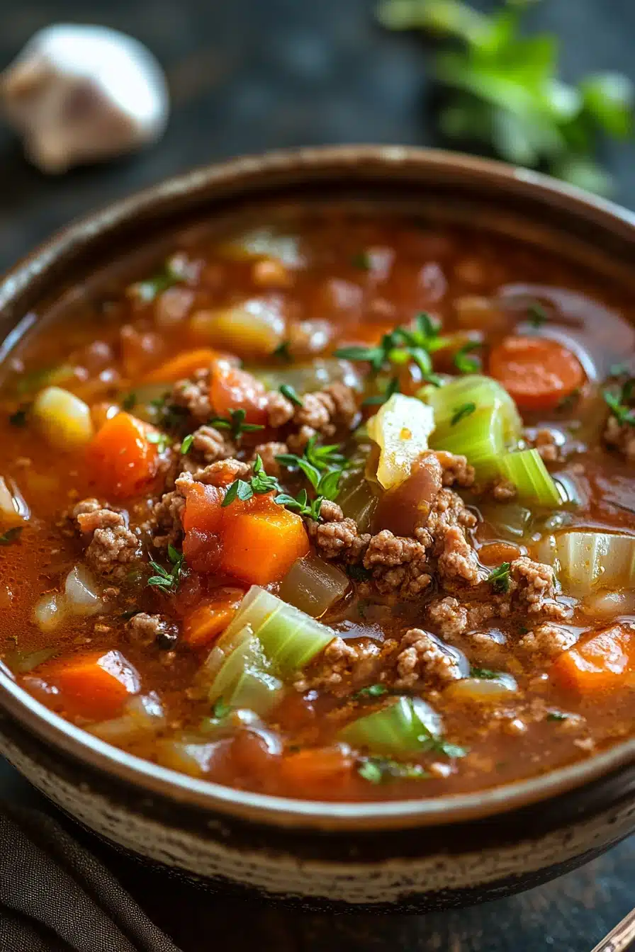 Close-up of slow cooker unstuffed cabbage soup with visible vegetables and broth.