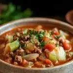 Close-up of slow cooker unstuffed cabbage soup with vegetables in a white bowl