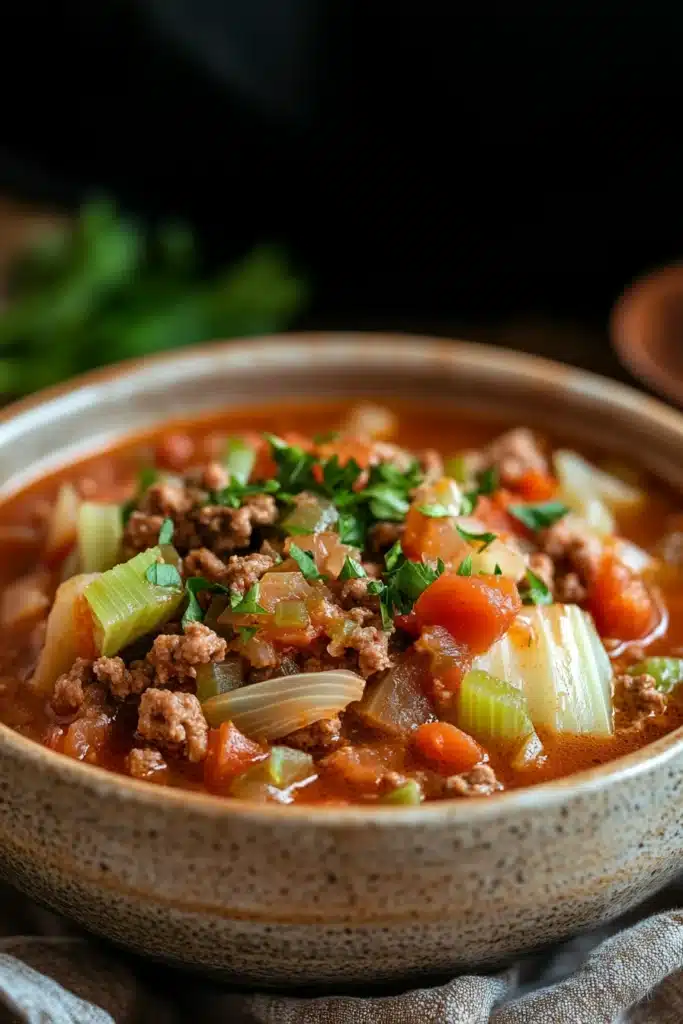 Close-up of slow cooker unstuffed cabbage soup with vegetables in a white bowl