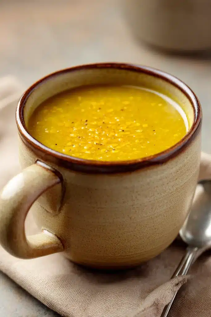 Close-up of a bowl of slow cooker yellow split pea soup with a garnish on top