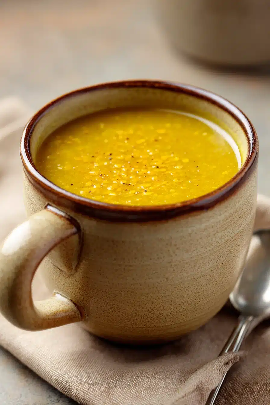 Close-up of a bowl of slow cooker yellow split pea soup with a garnish on top