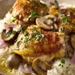Close-up of smothered chicken and rice with creamy sauce and herbs