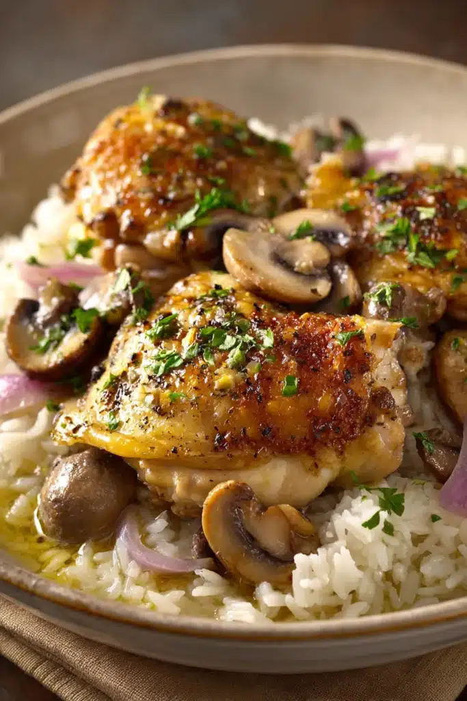 Close-up of smothered chicken and rice with creamy sauce and herbs