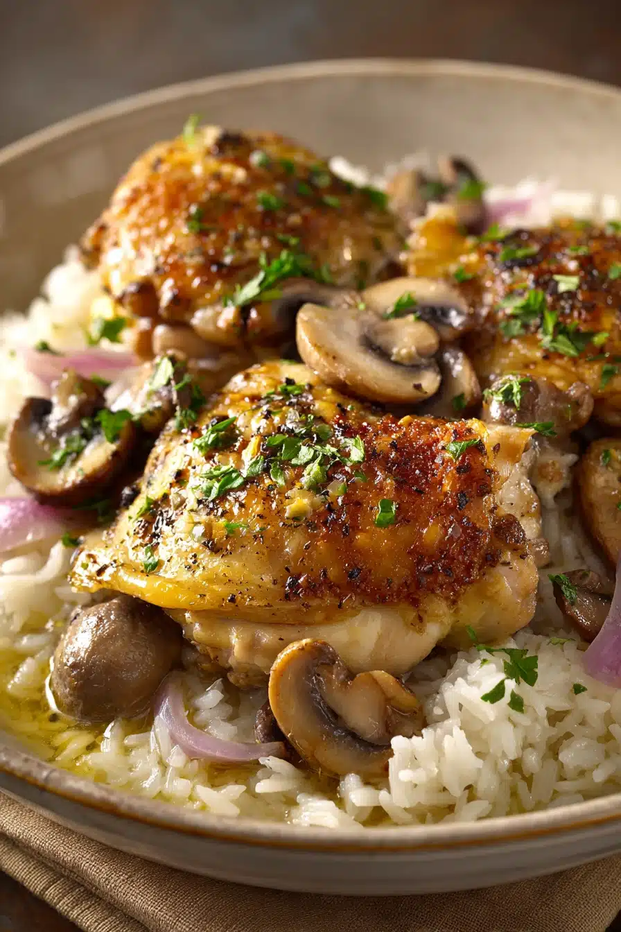 Close-up of smothered chicken and rice with creamy sauce and herbs