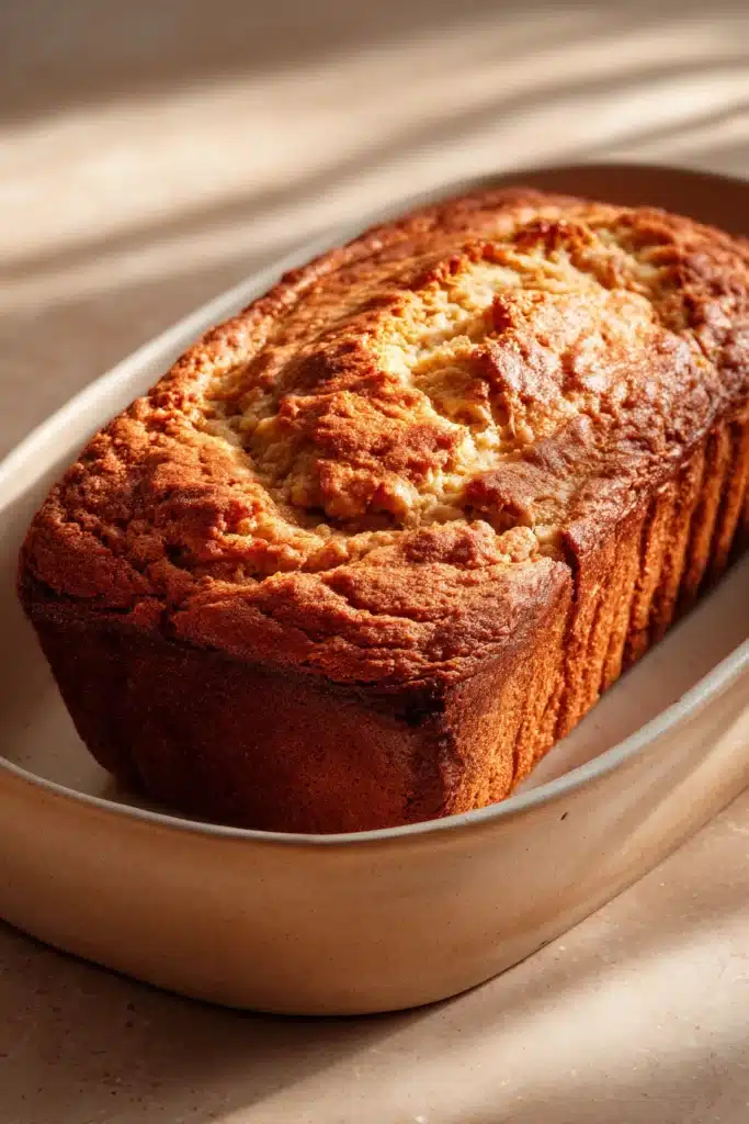 Close-up of Snickerdoodle Banana Bread with a golden crust and cinnamon sugar topping.