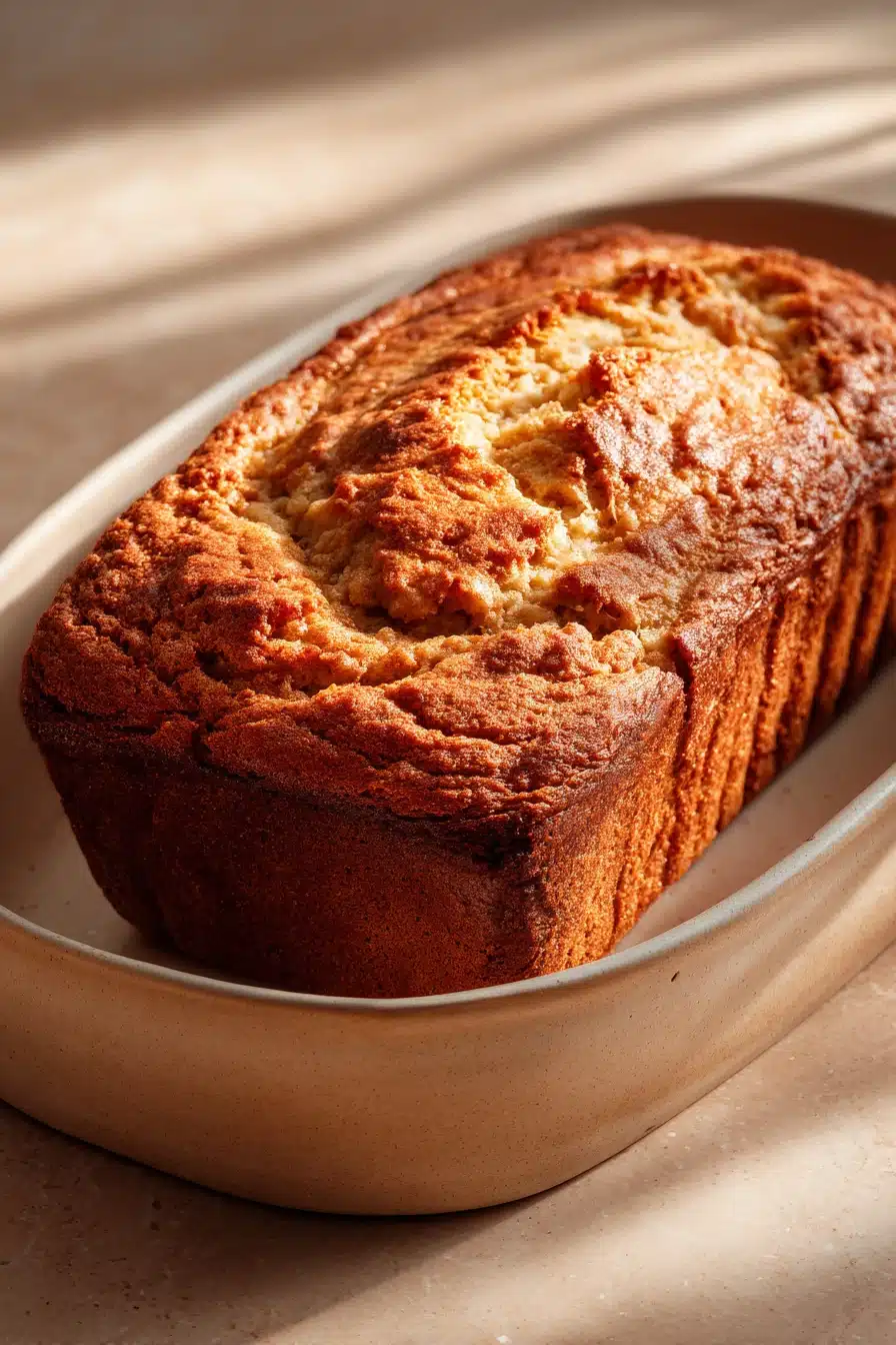 Close-up of Snickerdoodle Banana Bread with a golden crust and cinnamon sugar topping.