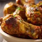 Close-up of spicy chicken drumsticks with a rich marinade on a clean background.