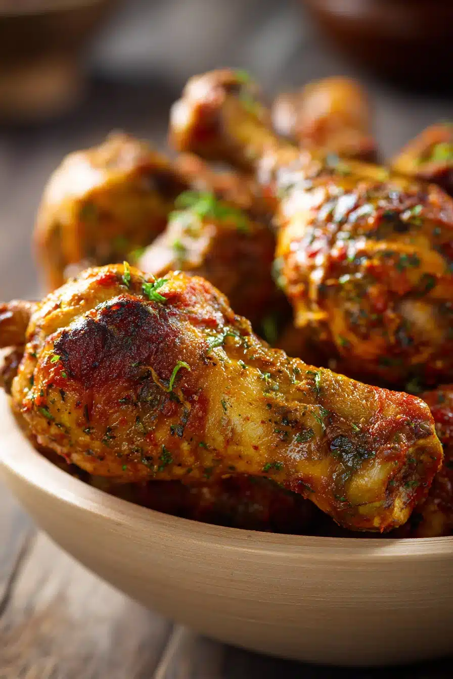 Close-up of spicy chicken drumsticks with a rich marinade on a clean background.