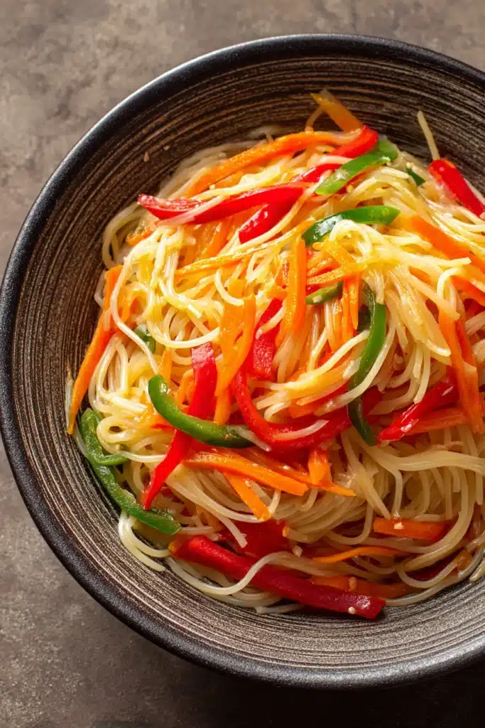Close-up of spicy noodles with vibrant colors and garnishes, perfect for a flavorful meal.