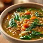 Close-up of Spinach, Lentil and Butter Bean Soup with vibrant green spinach and visible beans in a warm broth.