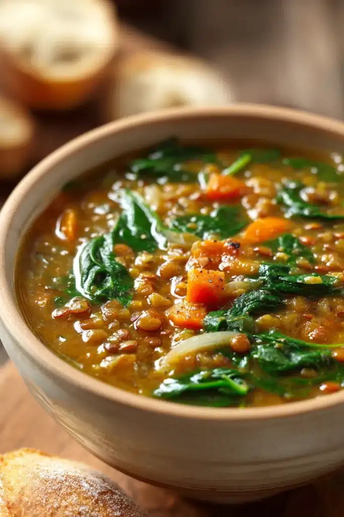 Close-up of Spinach, Lentil and Butter Bean Soup with vibrant green spinach and visible beans in a warm broth.