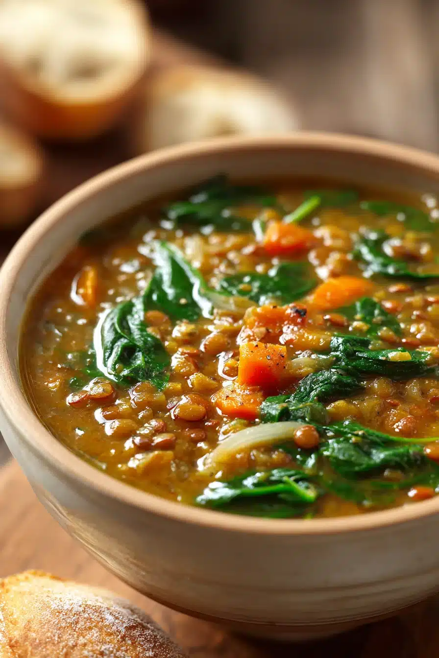 Close-up of Spinach, Lentil and Butter Bean Soup with vibrant green spinach and visible beans in a warm broth.
