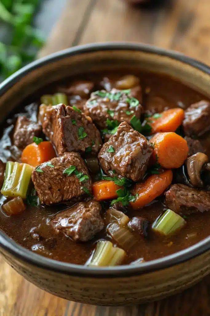 Close-up of a hearty steak and ale stew with chunks of meat and vegetables in a slow cooker.
