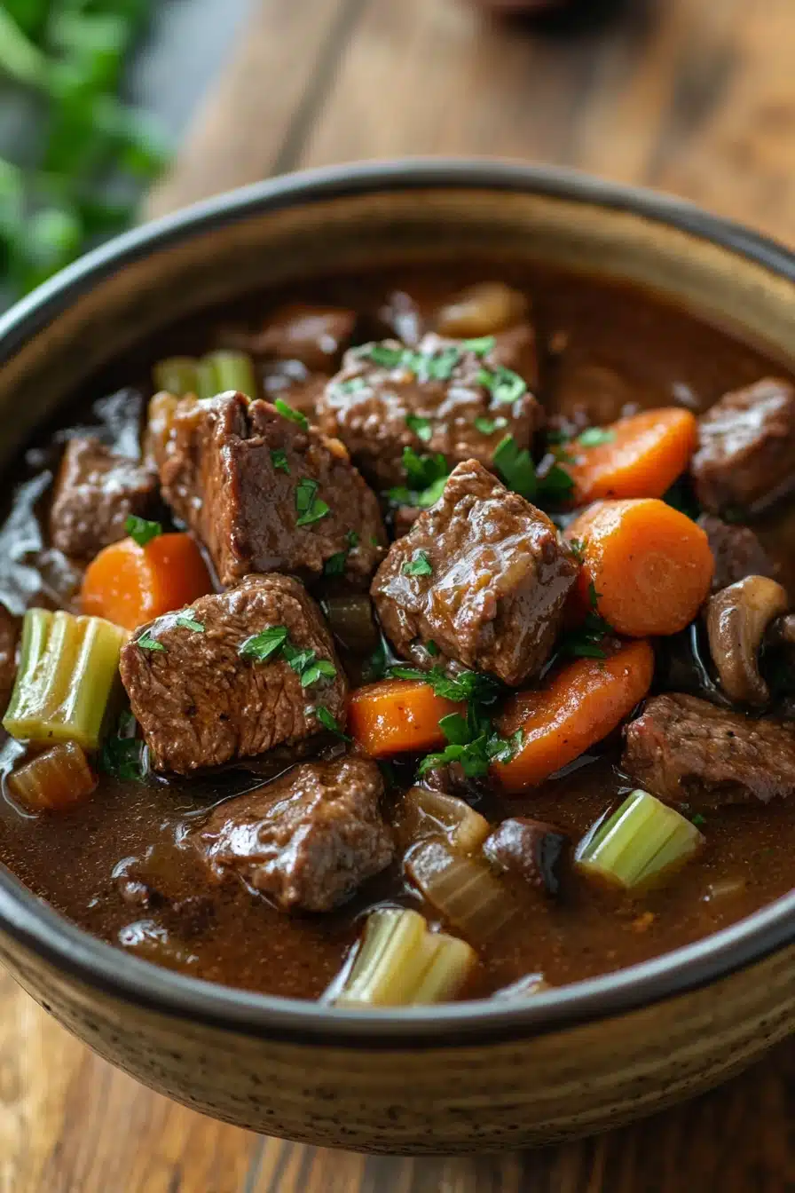 Close-up of a hearty steak and ale stew with chunks of meat and vegetables in a slow cooker.