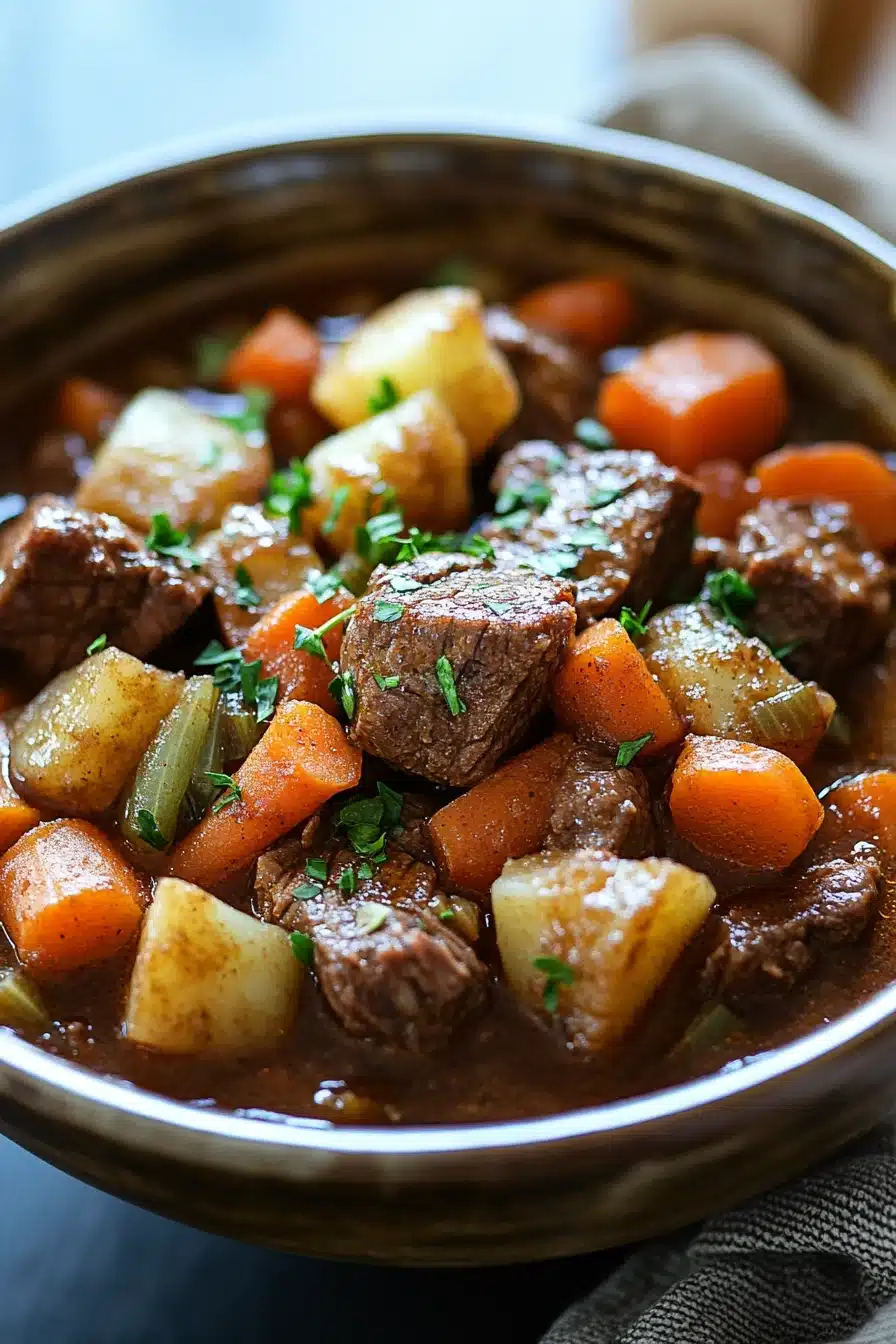 Close-up of a hearty steak and ale stew with visible chunks of meat and vegetables in a slow cooker.