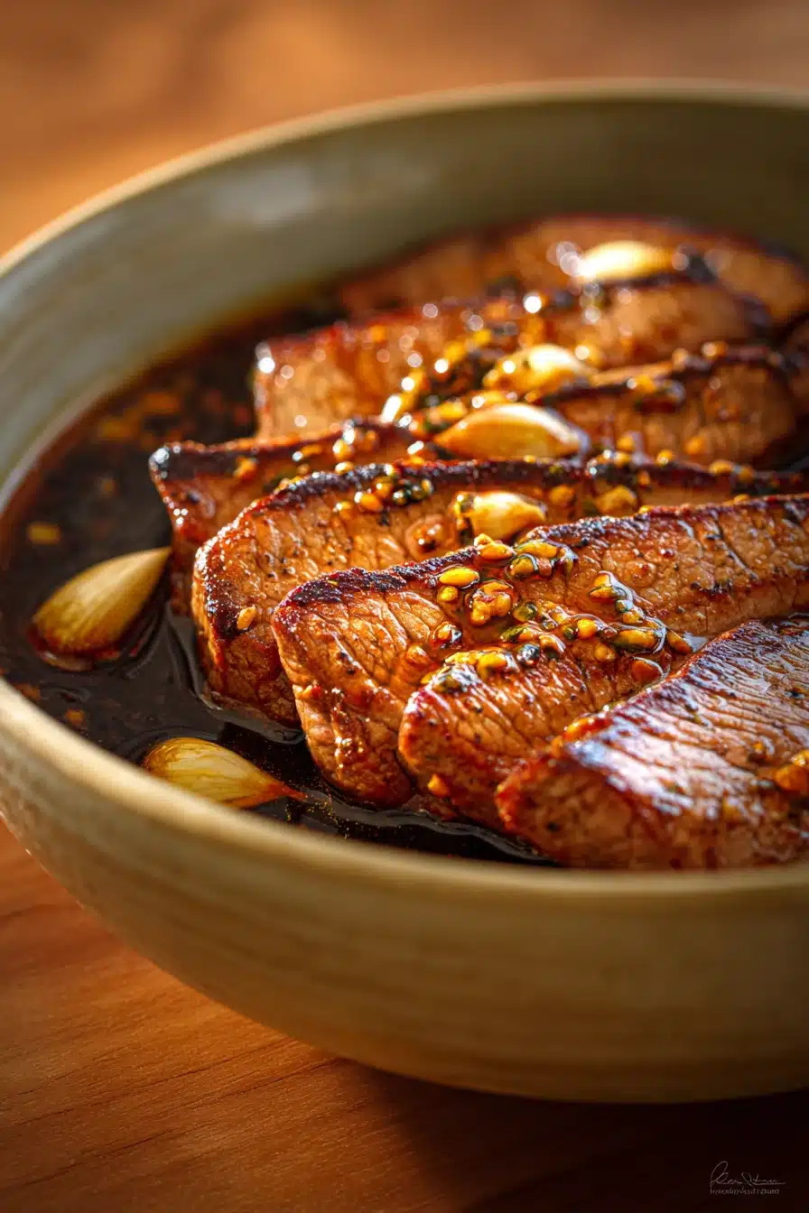 Close-up of a vibrant steak stir fry with colorful vegetables and a savory marinade.