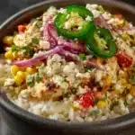Close-up of a Street Corn Chicken Bowl with grilled chicken, corn, and fresh toppings