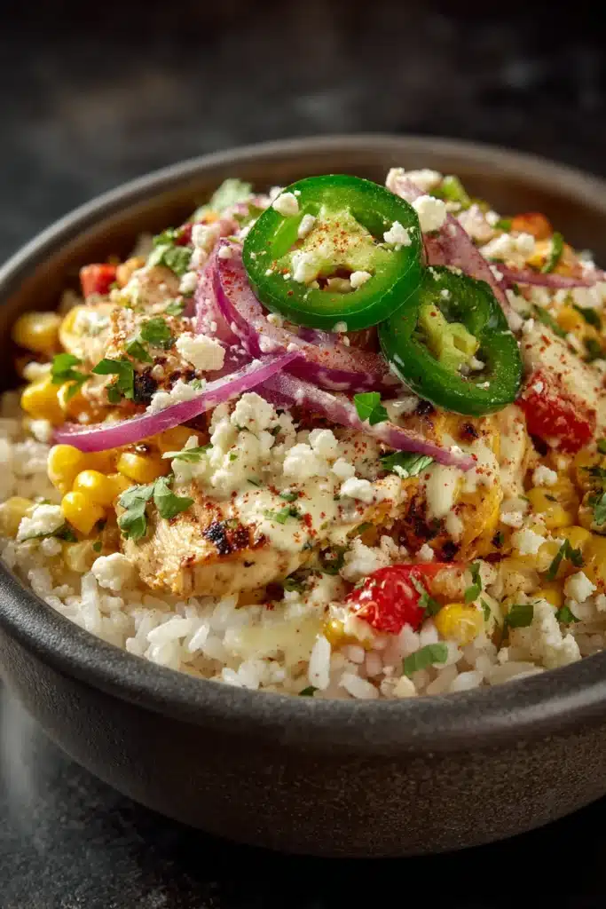 Close-up of a Street Corn Chicken Bowl with grilled chicken, corn, and fresh toppings