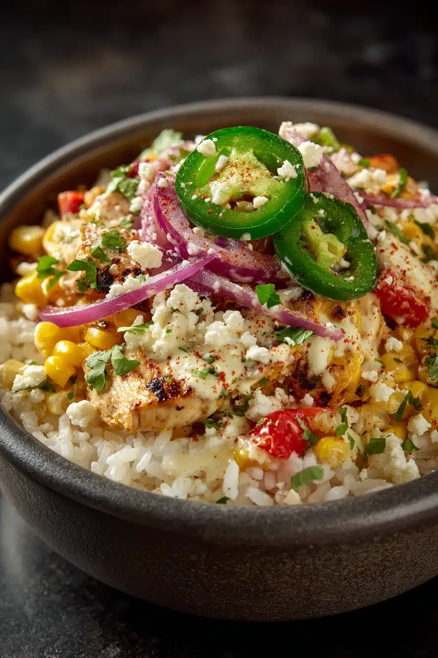 Close-up of a Street Corn Chicken Bowl with grilled chicken, corn, and fresh toppings