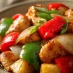 Close-up of Sweet and Sour Chicken with vibrant colors and glossy sauce