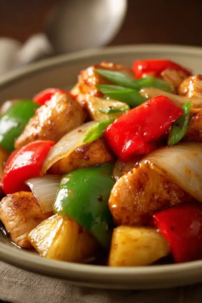 Close-up of Sweet and Sour Chicken with vibrant colors and glossy sauce