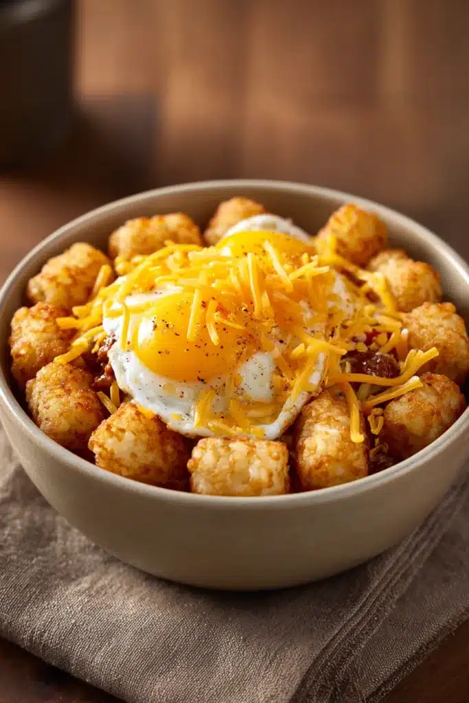 Close-up of a tater tot breakfast bowl with eggs, cheese, and herbs
