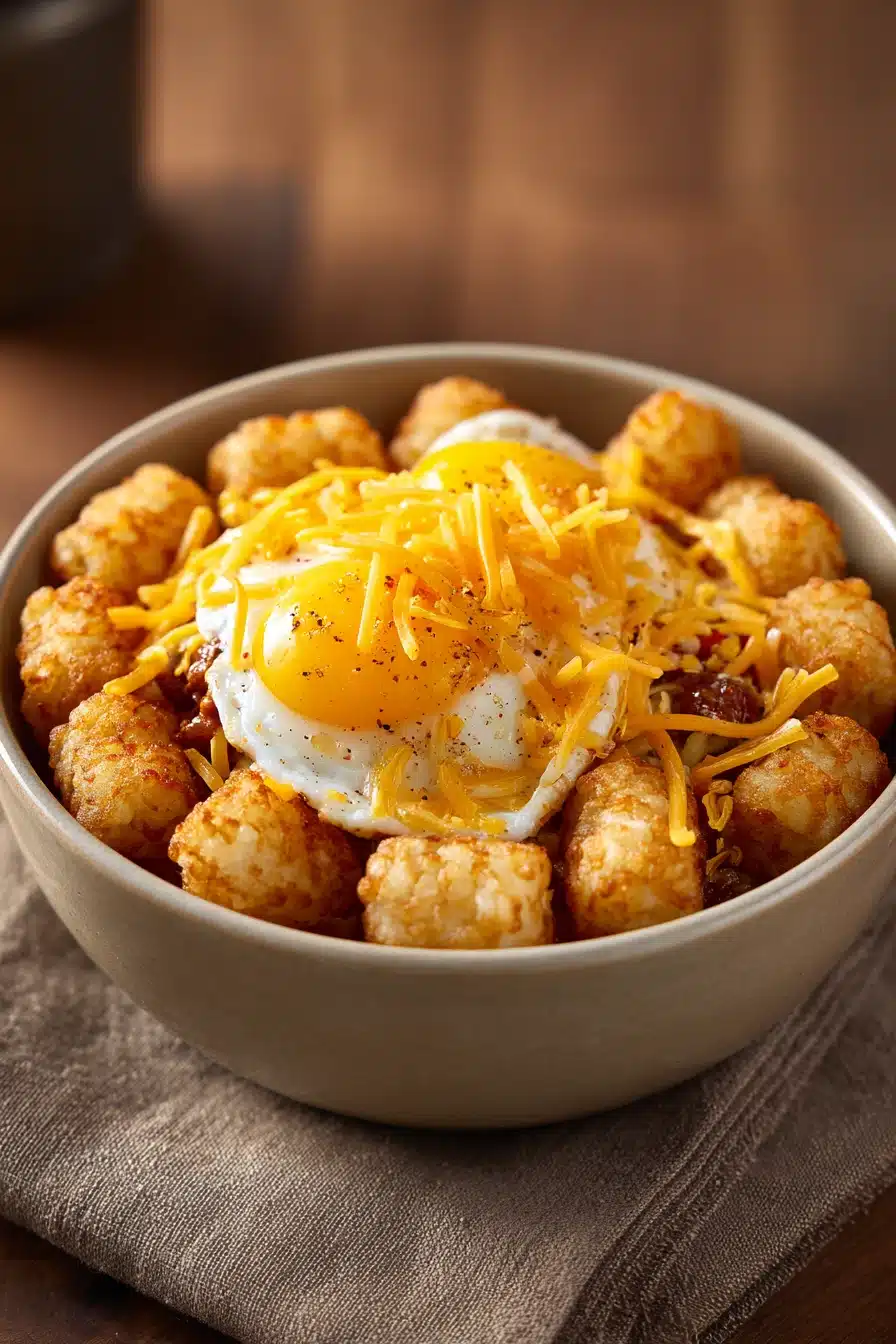 Close-up of a tater tot breakfast bowl with eggs, cheese, and herbs