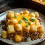Close-up of a tater tot casserole with ground beef, topped with melted cheese and crispy tater tots.