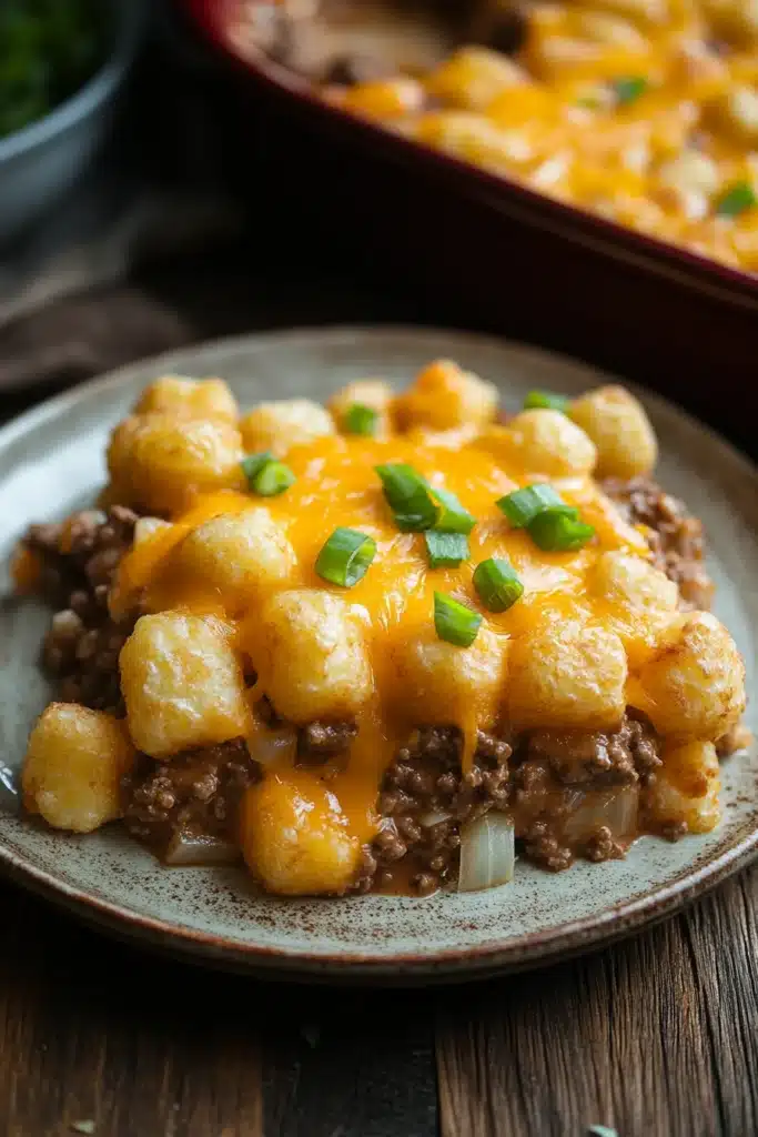 Close-up of a tater tot casserole with ground beef, topped with melted cheese and crispy tater tots.