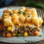 Close-up of a tater tot casserole with ground beef, topped with melted cheese, perfect as a freezer meal.